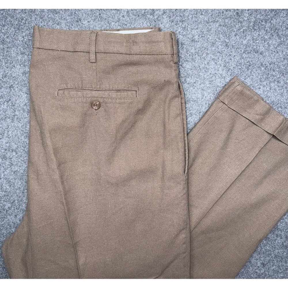 Trust Mens Tan Linen Blend Pleat Front Trouser Pants 38x32 Coastal Resort Preppy